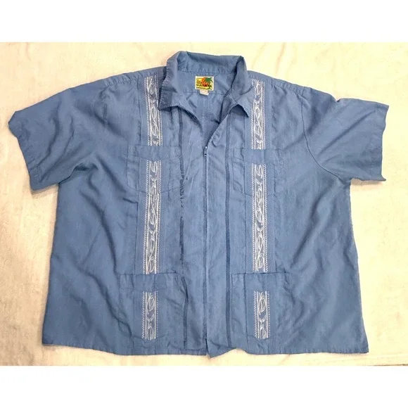 Haband Guayabera Shirt Mens Blue Zip Front Embroidered Short Sleeve XL 4XL - Picture 1 of 6